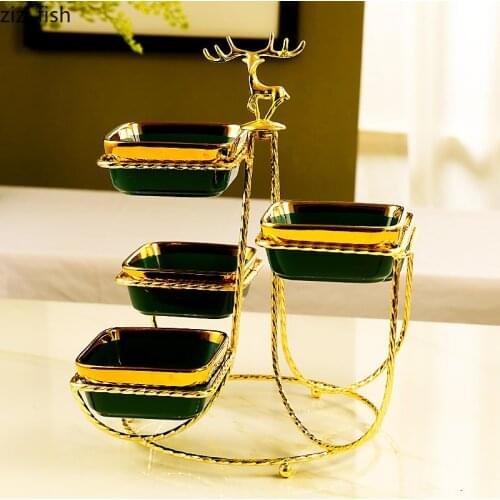 Creative Ceramic Dark Green Gold-plated Border Snack Platter with Deer Metal Frame Fruit Plate Living Room Candy Dessert Plate