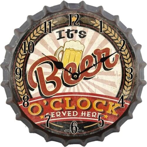 Creative Wall Clock Vintage Metal Retro Beer Bottle Cap Battery Operated Quartz Modern Digital Decor Wall Clock for Home