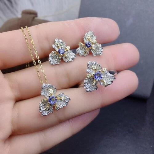 The best gift for engagement Natural and Real Tanzanite Jewelry set 925 sterling silver 1pc Ring,1pc Pendant,2pcs Earring