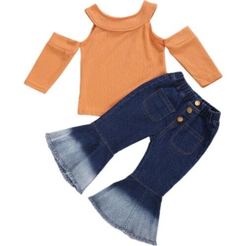 Baby Girl Fashion Off-shoulder Knitted Top + Denim Flared Pants, Chic Style Simple Solid Color Spring Autumn Clothing