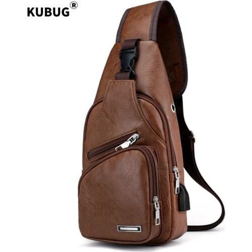 KUBUG Crossbody Bag Chest Pack USB Charging Casual Fashion Shoulder Bag Pu Mens Chest Bag