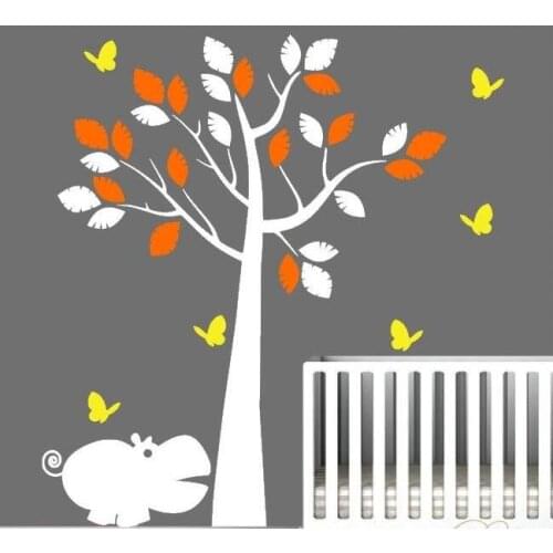 Cute Animal Hippo Jungle Tree Stickers With Butterflies For Baby Room Removable Decor Custom Color Available Wall Decal ZA830