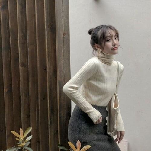 Autumn Winter Womens High-neck Slim Knitted Sweater Pile Collar Long Sleeved Bottoming Shirt Women Top