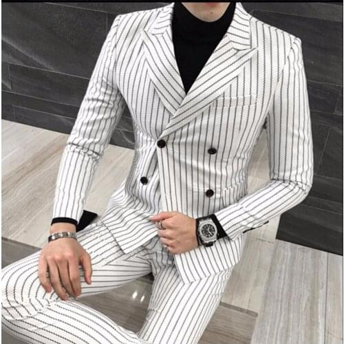 Jacket+vest+pants) Three Pieces Mens Fashion Casual Double Breasted Striped Suits Business Wedding Suit Tuxedo Costumes M-5xl