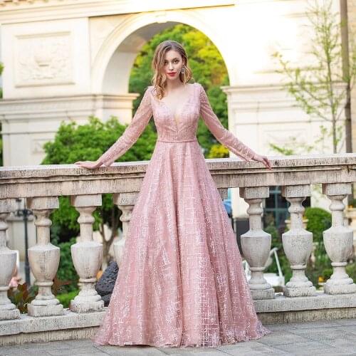 YQLNNE Glittering Pink Long Sleeve Evening Dresses 2020 Elegant Deep V Neck Evening Gown Backless Formal Dress Aline