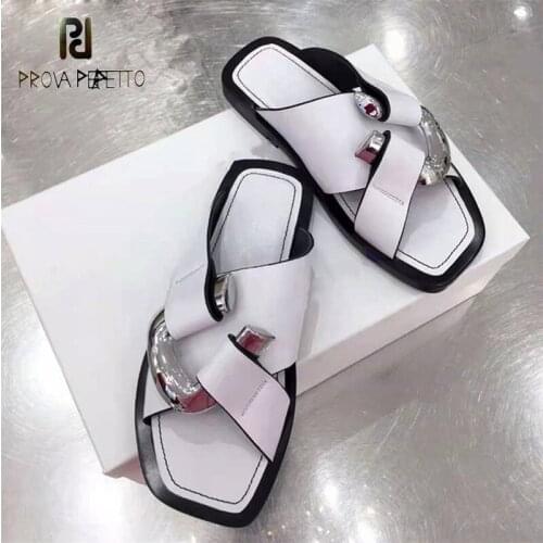 Hot sale square toe metal buckle slippers summer open-toed leather casual all-match flat sandals and slippers women