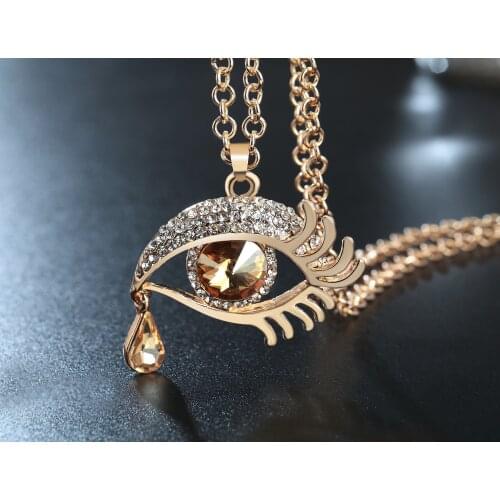 Champagne Turkish Devil Eyes Tears Drop Necklace Long Eyelashes Crystal Sweater Chain For Women