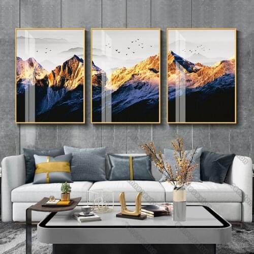 Nordic Golden Blue Mountain Range Canvas Painting and Landscape Wall Art Poster for Living Room Wall Decor Pictures