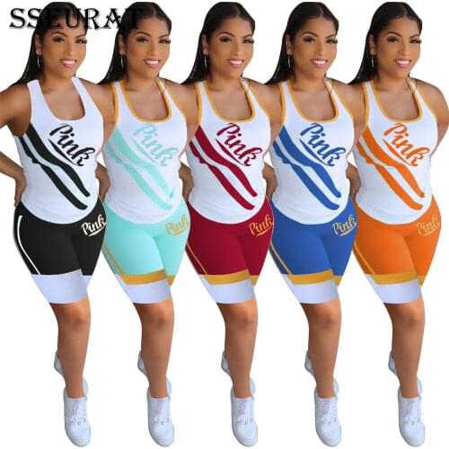 SSEURAT Women Set Two Pieces Sets Summer Tracksuits Letter O-Neck Sleeveless Tops+ Shotr Pants Suit Sporty Fitness Outfits