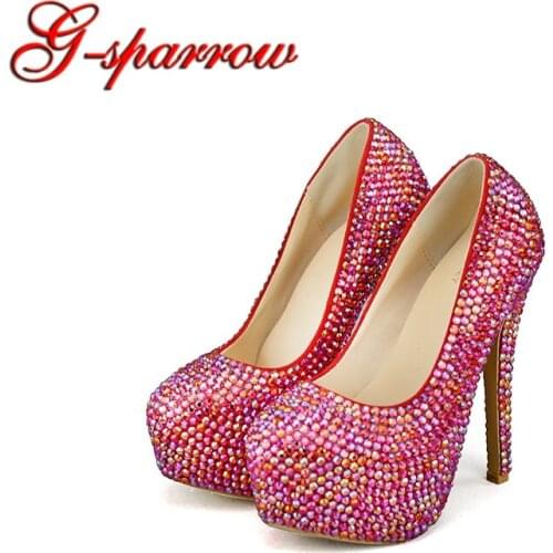 Dazzle Sparkling Crystal Wedding Shoes High Heels Red AB Crystal Prom Performance Pumps Adult Ceremony Shoes Handmade Bride Shoe