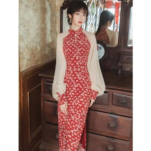 Chinese Style Vintage Qipao Dress Women Long Sleeve Midi Vestido De Mujer Party Floral Dresses French Harajuku Puff Sleeve Robe