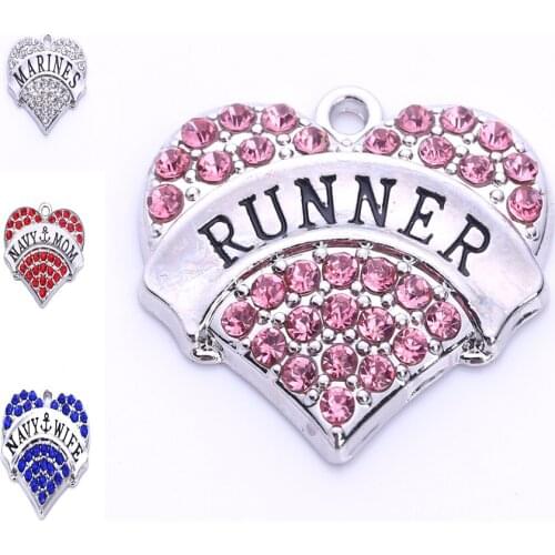 High Quality 20 pcs a lot rhodium plated MARINES/NAVY-MOM/NAVY-WIFE/RUNNER with crystal heart pendant