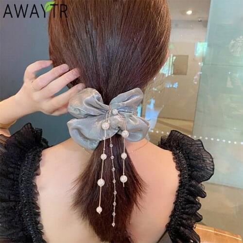 AWAYTR Satin Scrunchies Bow Elastic Hair Bands Rope Ties For Women Pearl Pendant Ribbons Solid Ponytail Holder Hair Accessories
