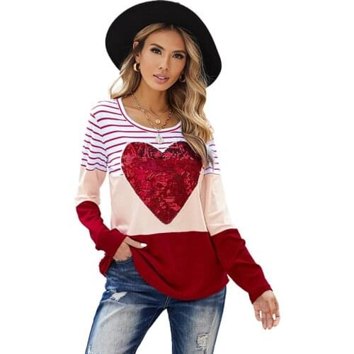 Spring Sequin Heart-shaped printed bottoming Shirt Round Neck pullover Long Sleeve top Shirts For Women Vintage Streetwear