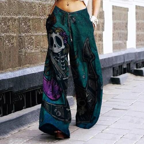 2021 Womens Halloween Pants Skull Cat Flower Multi-print Wide Leg Pants With Pockets Wide Leg Pants Tide Woman Long Trousers