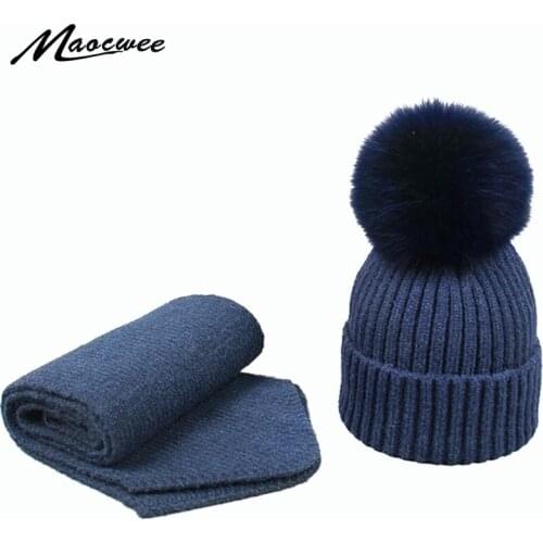Winter Scarf Hat Set Parenting Real Fox Fur Pom pom Hat and Scarf Knitted Skullies For Girls Thick Warm Beanies Ski Gorro Caps