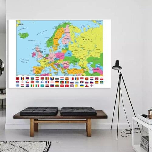225*150cm The Europe Political Map with National Flags Large Poster Non-woven Canvas Painting School Supplies Home Decoration