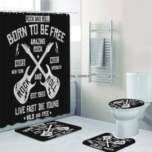 4Pcs Hipster Vintage Hard Rock Poster Shower Curtain Set Grunge Music Bathroom Curtain Bath Mats Rugs Bathtub Accessories