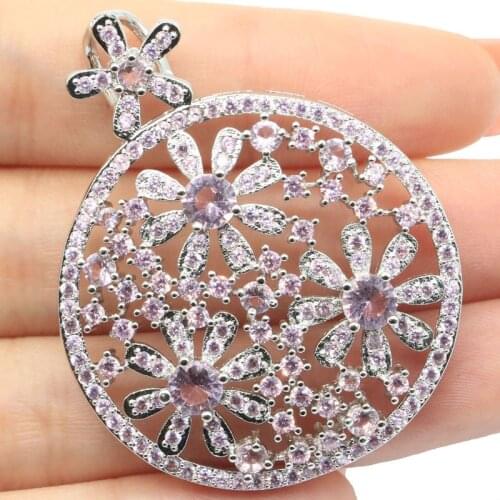 47x37mm Big European Design Created Pink Kunzite Flowers For Women Dating Silver Pendant