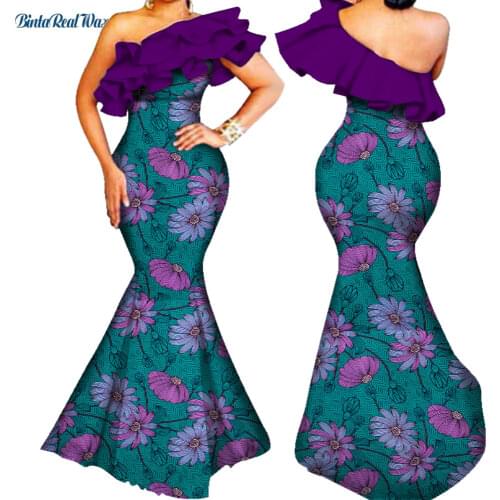 African Dresses for Women Bazin Riche Ruffles One-Shoulder Long Mermaid Dress Dashiki Traditional African Women Clothing WY2688