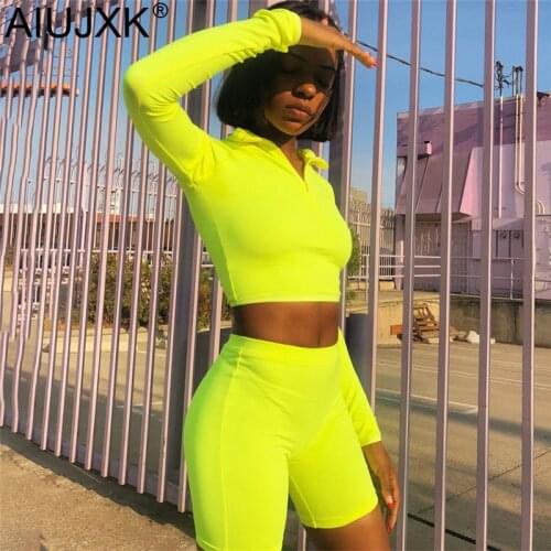 AIUJXK 2019 Autumn Neon Green Pink 2 Two Piece Set Women Tracksuit Woman Top And Pants Suit Sport Wear Outfits Biker Shorts