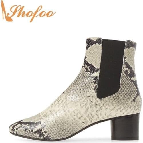 Snakeskin Round Toe Ankle Boots Woman High Column Heels Elastic Chelsea Booties Large Size 13 16 Ladies Fashion Shoes Shofoo