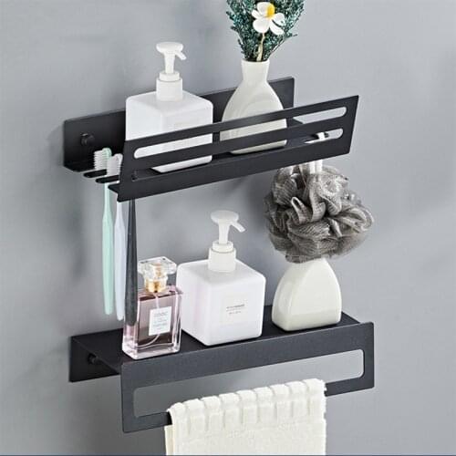 Black Wall Mounted Bathroom Shelve Towel Storage Rack With Toothbrush Holder Robe Coat Hook Hanger Toilet Kitchen Accessories