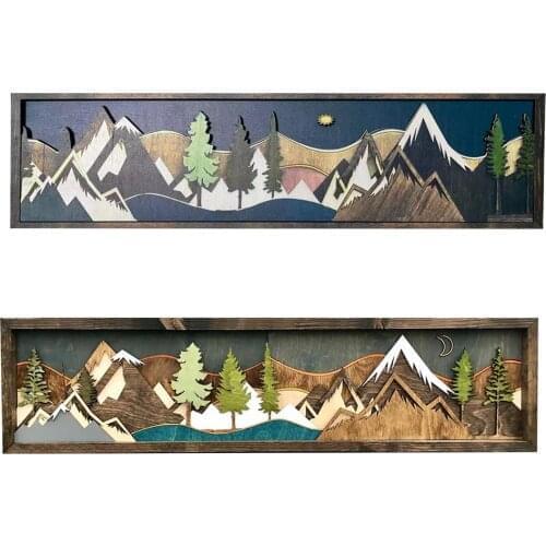 Wooden Mountain Wall Art Sunset Moon View Ornament Beautiful Landscape Painting Art Wall Mountain Sunset Home Decoration