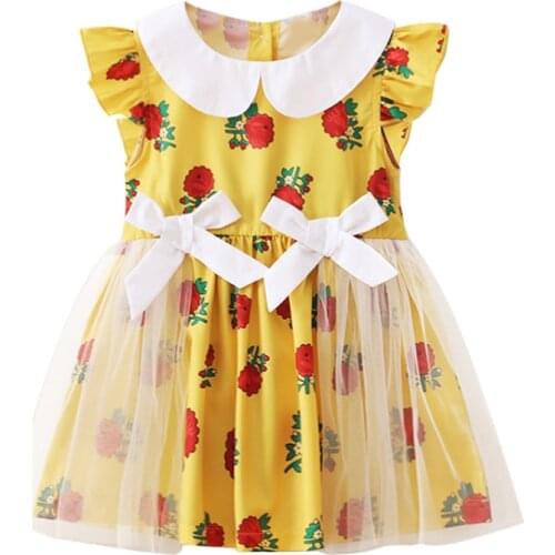 Kids Girl Dress Chic Floral Tulle Dresses Summer Short Sleeve Girls Clothes Cute Ruffles Collar Toddlers Outfits Children Dress