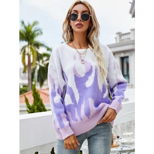 Hot Autumn Flame Printing Knitted Sweaters Pullover Tops Loose Cardigan Womens Sweater 2021