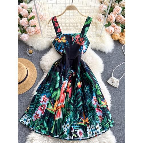 2021 Womens Spring New Fashion Sling Square Collar Seaside Holiday Tropical Print Off Shoulder Knee Length Dress D0128
