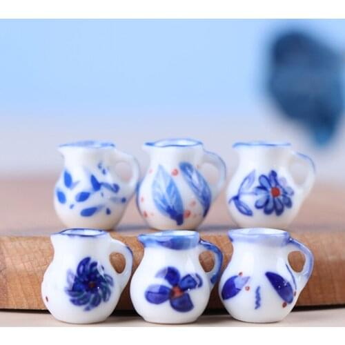 6pcs 1/12 Scale Dollhouse Miniature Mini Porcelain Blue Print Milk Pots Teapot Water Cups Set Dolls Room Furniture Decoration