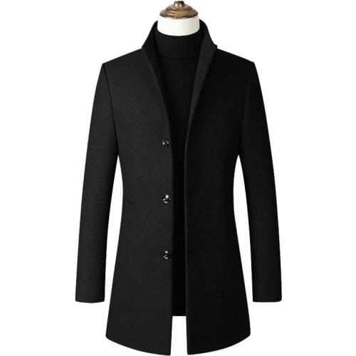 Fashion Mens Windbreaker Jacket Long Overcoat Men Plus Size 3xl 4xl Trench Coat Stand Collar Slim Casual Black Wool Coat