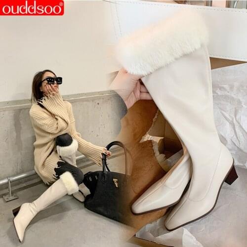 ODS 2021 New Concise Knee High Women Boots White Black Thin Heel Pu Leather Fashion Women Shoes Large Size 43 Autumn Winter