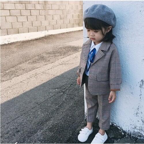 Baby fall clothes for children clothes set long arm plaid jacket + trousers 2 piece childrens training suit girls set to suit