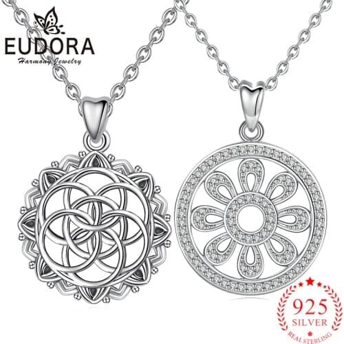Eudora Genuine 925 Sterling Silver Round CZ Flower of life Pendant Necklaces for Women Girl Fashion Trendy Jewelry Gift D396D328