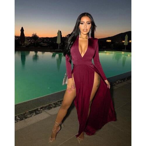 Felyn 2020 Best Quality Famous Brand Dress Solid V-neck Long Sleeve High Split Celebrity Party Maxi Dress Vestidos
