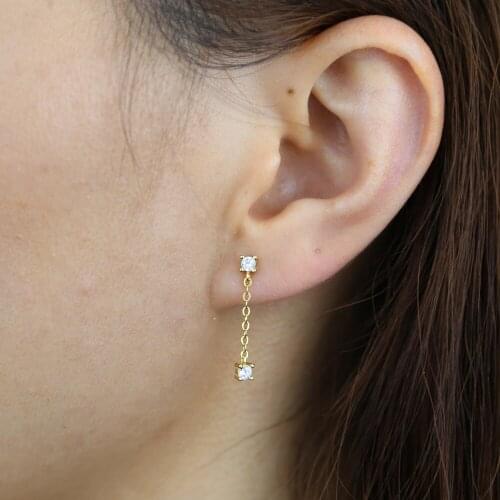 Drop ship real 925 sterling silver chain dangle earring with cz paved women lady silver fine cz climber cuff earring jewelry