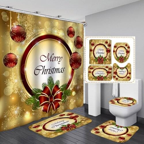 Merry Christmas Shower Curtain Bathroom Set Lantern Bell Golden Pattern Bath Curtains Non Slip Toilet Cover Floor Mat Rug Carpet