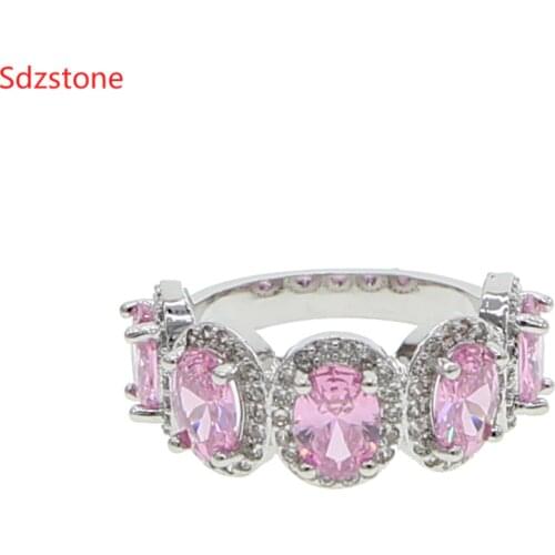 Sdzstone Luxury Female Girl Crystal CZ Stone Ring Boho Silver Color White Pink Ring Promise Engagement Rings For Women