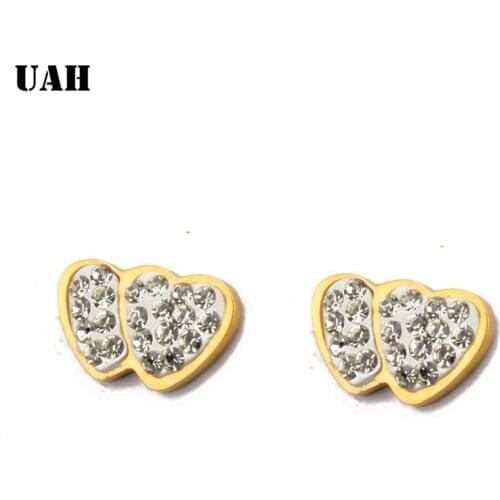 UAH Stainless Steel Double Heart to Heart Crystal CZ Stud Earrings for Women Brincos Fine Jewelry Bijoux