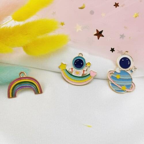 MuhNa 10pcs Cute Enamel Charms Cartoon Astronaut Rainbow Planet Metal Earrings Pendants DIY Jewelry Make Accessories Phone Decor