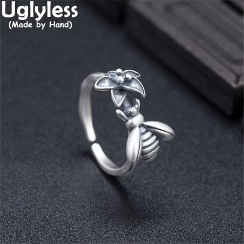 Uglyless Handmade Bees Flowers Rings for Women Vintage Thai Silver Insects Jewelry Real 925 Silver Floral Ethnic Rings Vintage