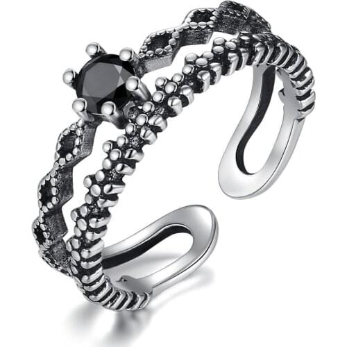 Black Cubic Zirconia Crown Vintage Adjustable Thai Silver Color Ring For Women Mens Korean Trendy Simple Tibetan Jewelry