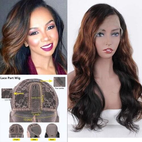 Highlight Wig Ombre Colored 1b 4 Light Brown Body Wave Hair Lace Part Wig Brazilian Remy Part Lace Wig 4 "Deep Part Pre Plucked