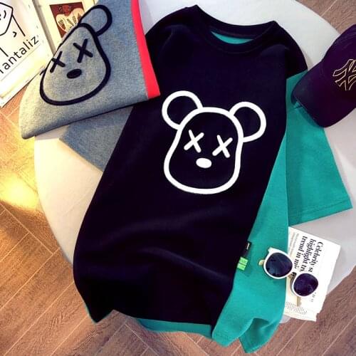 2021 spring and summer new Korean printing cartoon hit color stitching loose wild round neck short sleeve T-shirt female top