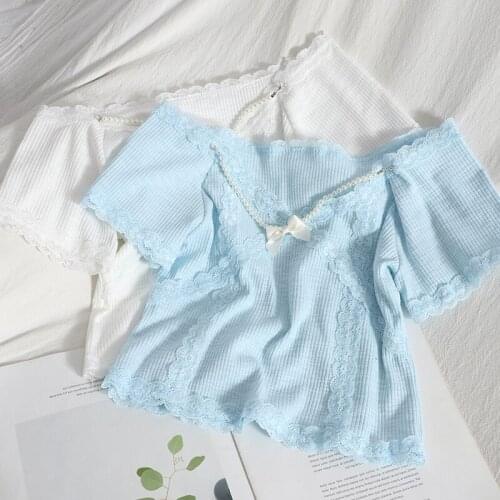 Women Bow Knot V-Neck T-shirts Plain Lace Tops Solid Knitted Short Sleeve Casual T-Shirts For Women Summer Cute Tops