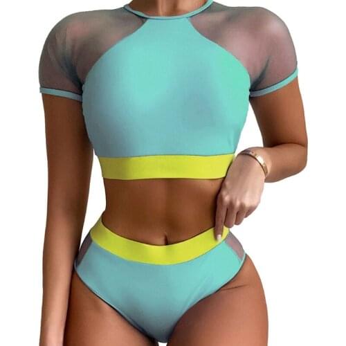 Women Summer Sexy 2 Piece Bikini Set Contrast Mesh Patchwork Short Sleeve Crop Top High Waist Thong Swimsuit Color Block Padded