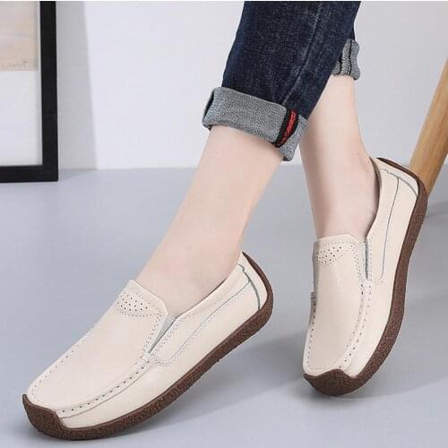 Women flats 2021 fashion genuine leather soft comfortable solid round toe ladies shoes loafers zapatillas mujer plus size