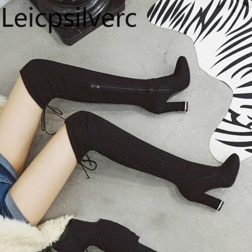 Womens Boots Autumn And Winter New fashion Round head zipper Thick heel High heel Womens Over the knee boots plus size 34-43